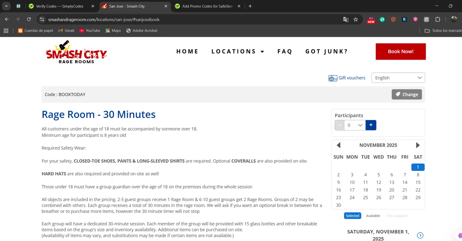 Smash City Rage Room promo code screenshot showing code BOOKTODAY applied at Smash City Rage Room checkout page. Uploaded by SimplyCodes community member naimbethak on Nov 1, 2025