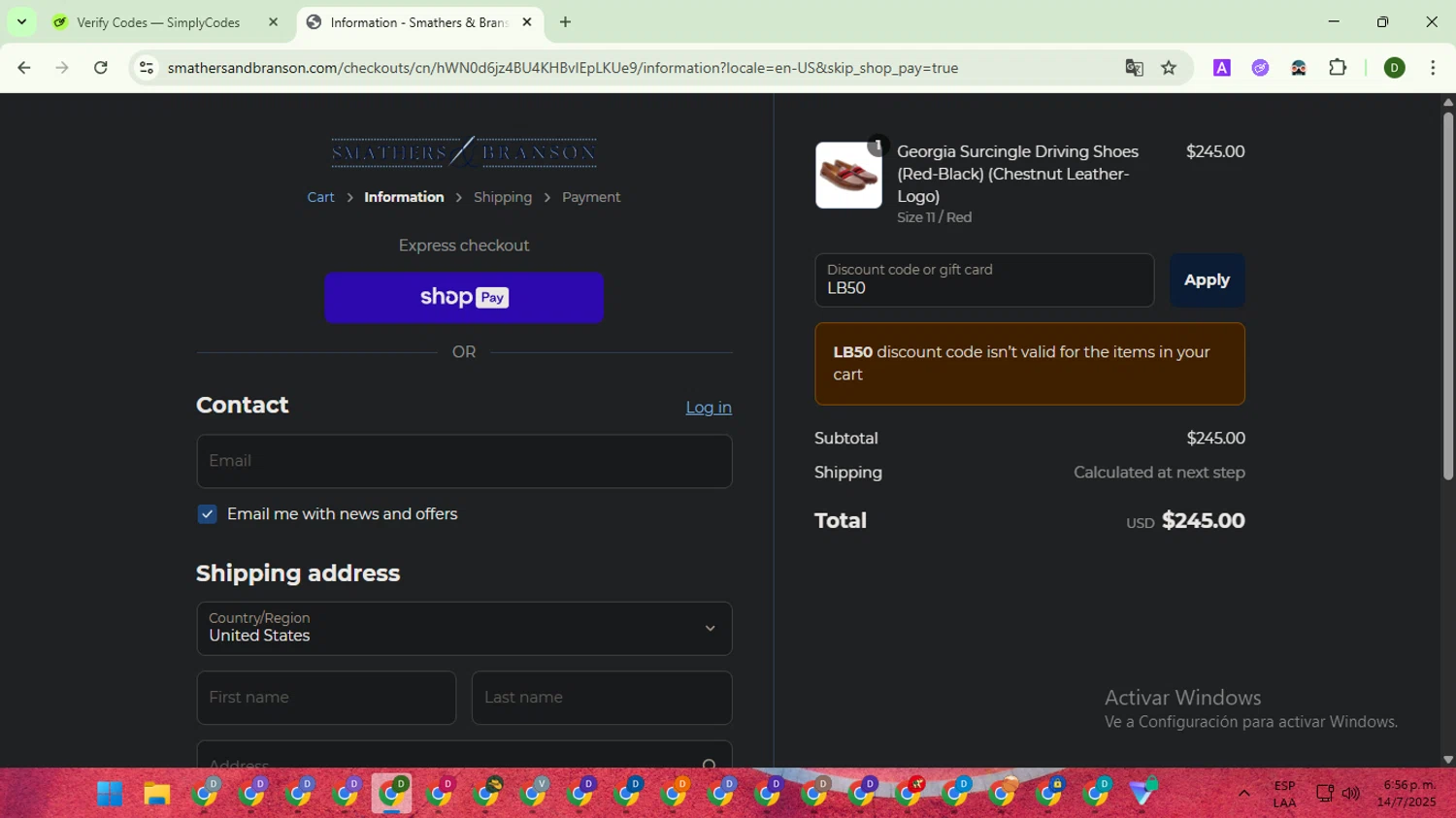 Smathers & Branson coupon code screenshot showing code LB50 applied at Smathers & Branson checkout page. Uploaded by SimplyCodes community member BargainGuardian5495 on Jul 14, 2025