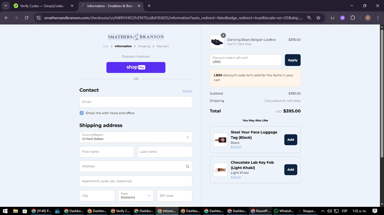 Smathers & Branson coupon code screenshot showing code LB50 applied at Smathers & Branson checkout page. Uploaded by SimplyCodes community member SmartWarden8713 on Aug 1, 2025