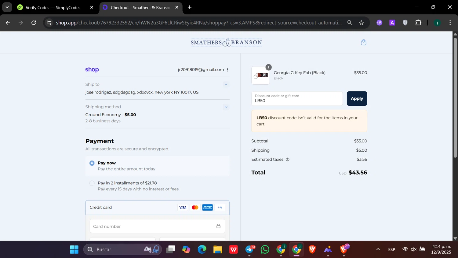 Smathers & Branson coupon code screenshot showing code LB50 applied at Smathers & Branson checkout page. Uploaded by SimplyCodes community member hanzell03 on Sep 12, 2025
