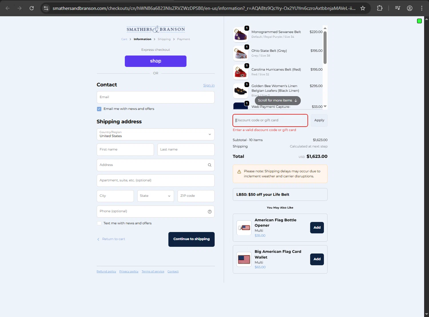 Smathers & Branson coupon code screenshot showing code Fall10 applied at Smathers & Branson checkout page. Uploaded by SimplyCodes community member ShrewdDefender8496 on Jan 27, 2026