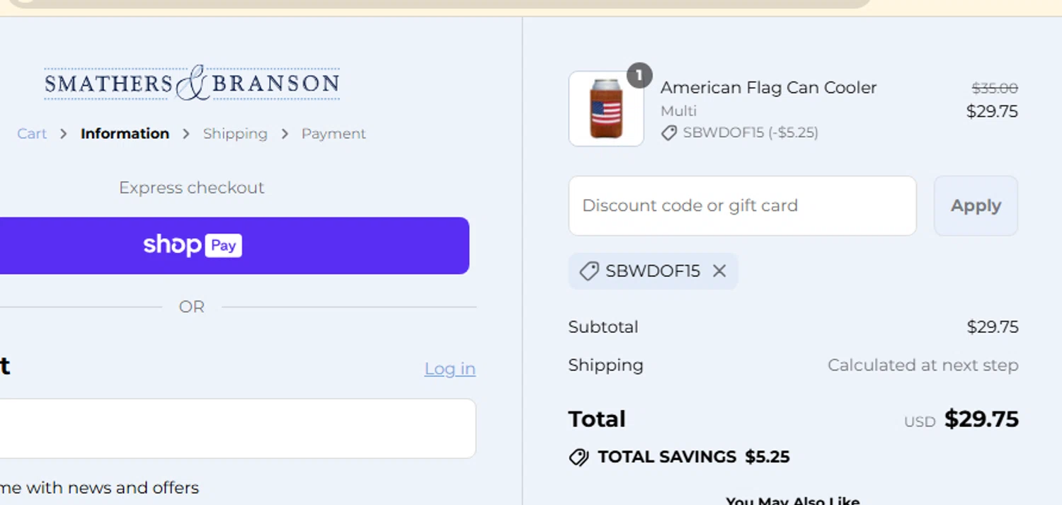 Smathers & Branson coupon code screenshot showing code SBWDOF15 applied at Smathers & Branson checkout page. Uploaded by SimplyCodes community member AMANDA2681 on Jul 23, 2025
