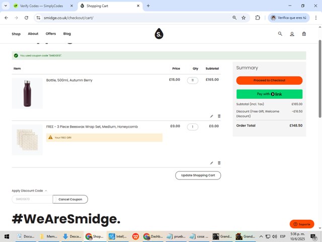 Smidge checkout page showing Smidge discount code box | Screenshot taken by SimplyCodes community member on Jun 10, 2025