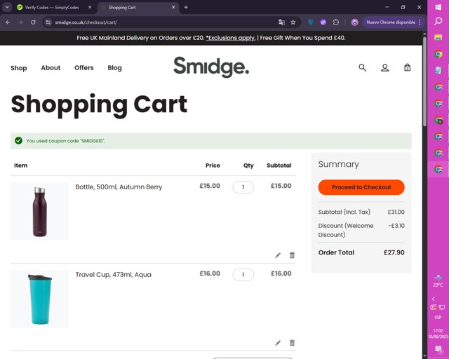 Smidge checkout page showing Smidge discount code box | Screenshot taken by SimplyCodes community member on Jun 10, 2025
