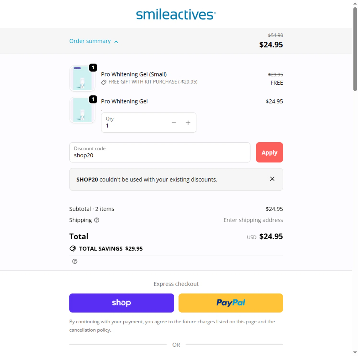 Smileactives discount code screenshot showing code shop20 applied at Smileactives checkout page. Uploaded by SimplyCodes community member Leannysv7lla on Oct 26, 2025