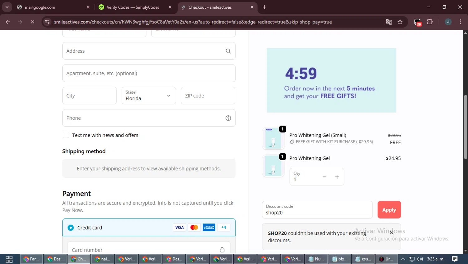 Smileactives discount code screenshot showing code shop20 applied at Smileactives checkout page. Uploaded by SimplyCodes community member ScanLynx8928 on Oct 10, 2025