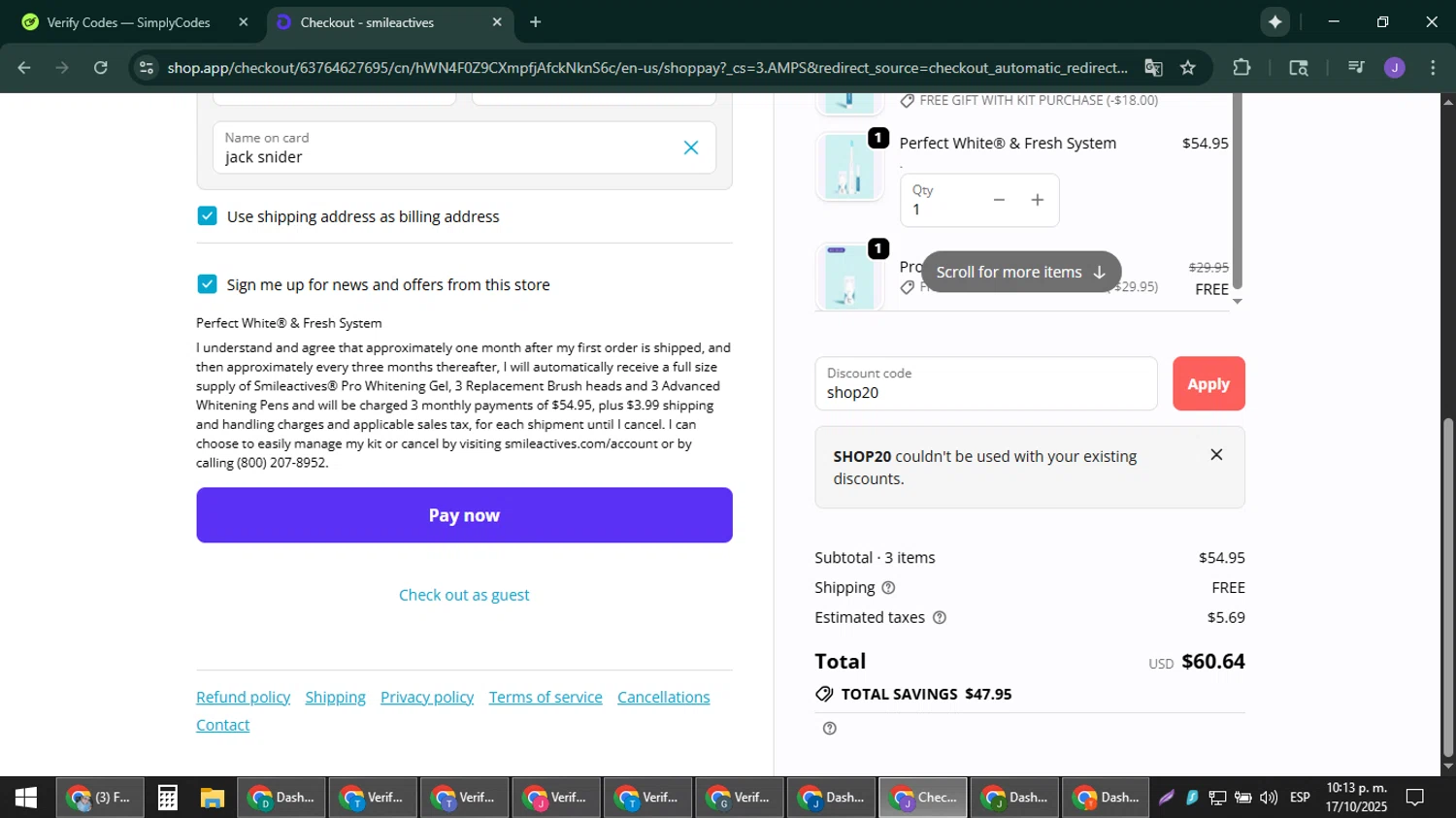 Smileactives discount code screenshot showing code shop20 applied at Smileactives checkout page. Uploaded by SimplyCodes community member sniderjack453 on Oct 18, 2025