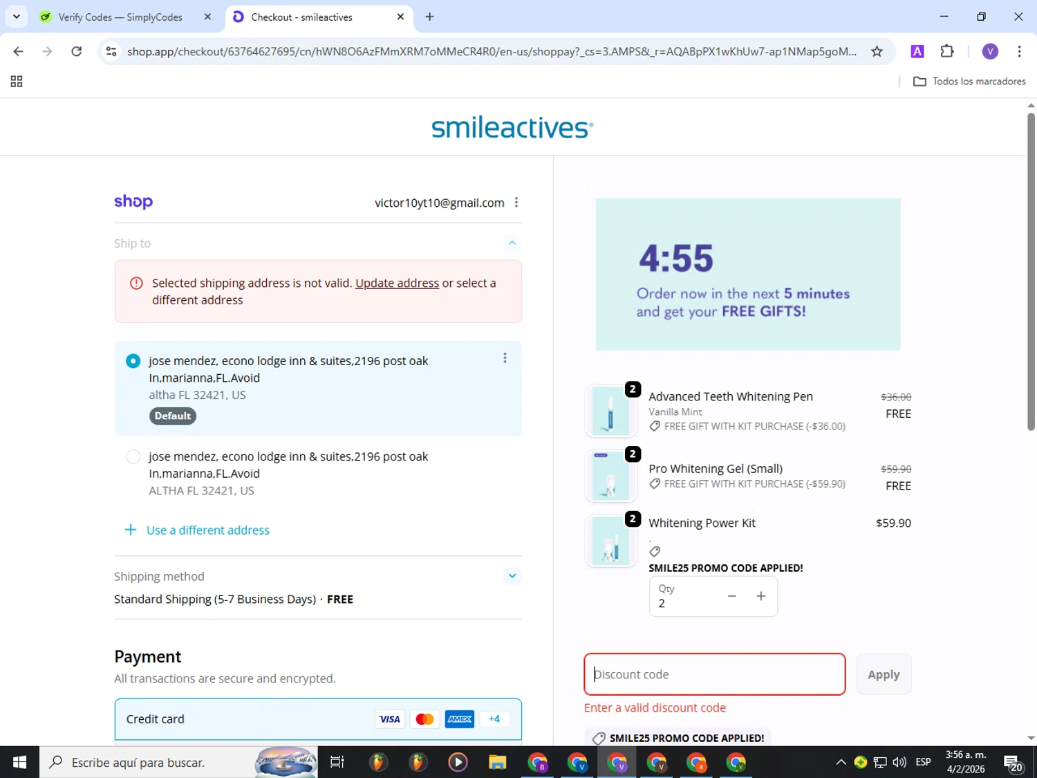 Smileactives discount code screenshot showing code BRIGHT20 applied at Smileactives checkout page. Uploaded by SimplyCodes community member Gianpiero on Feb 4, 2026