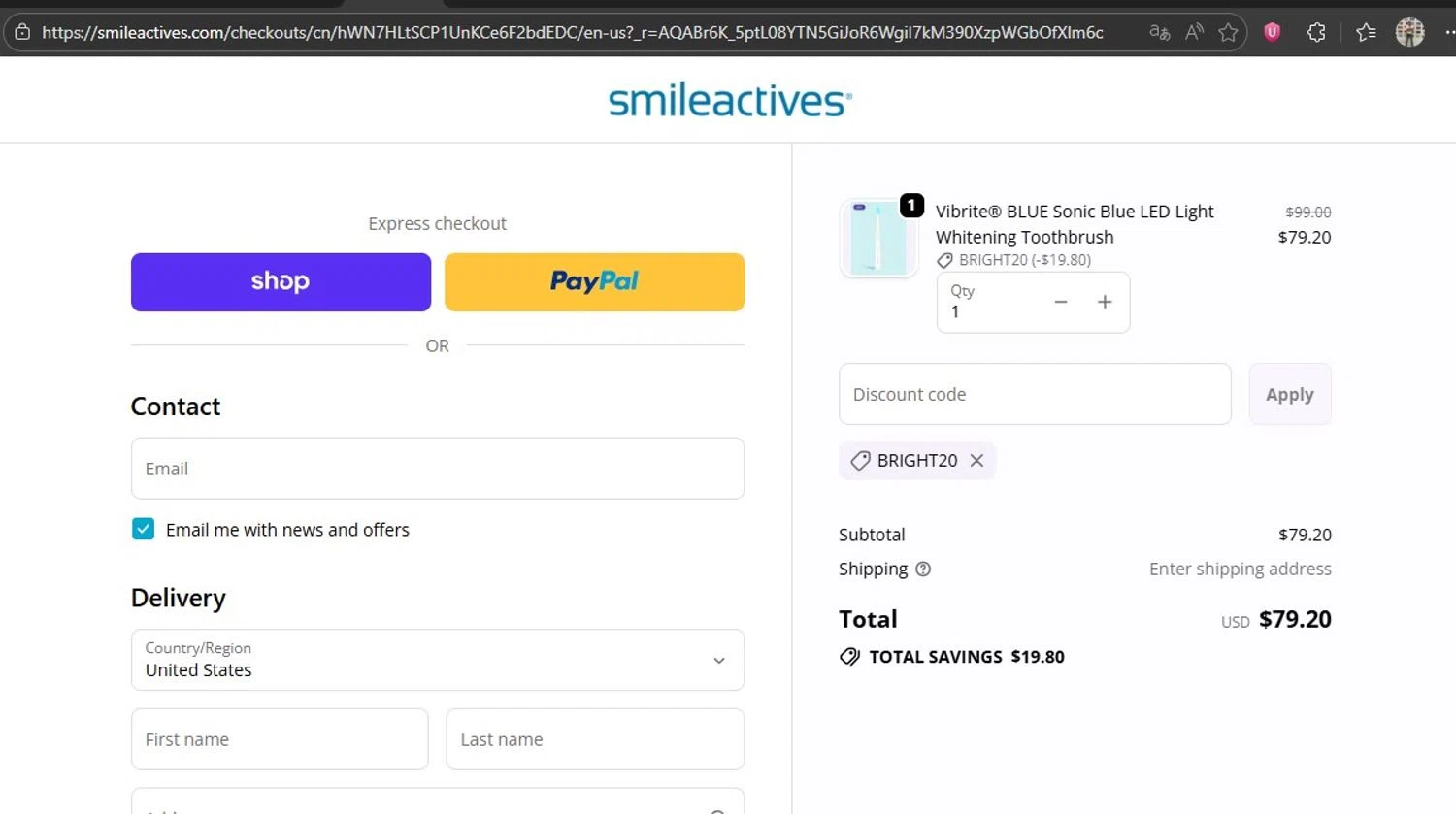Smileactives discount code screenshot showing code BRIGHT20 applied at Smileactives checkout page. Uploaded by SimplyCodes community member HonestVzla on Jan 6, 2026