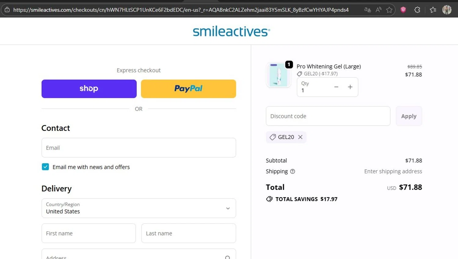Smileactives discount code screenshot showing code GEL20 applied at Smileactives checkout page. Uploaded by SimplyCodes community member HonestVzla on Jan 17, 2026