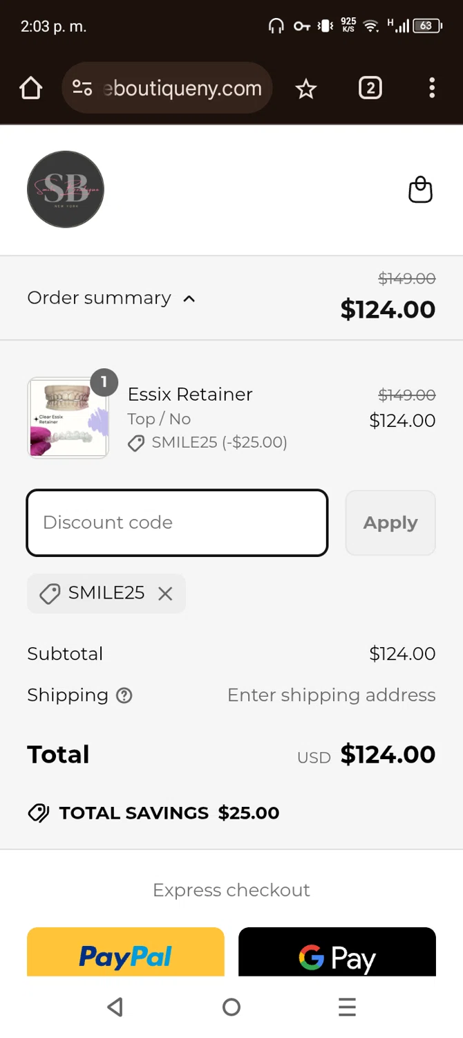 Smile Boutique NY coupon code screenshot showing code SMILE25 applied at Smile Boutique NY checkout page. Uploaded by SimplyCodes community member NobleScholar4826 on Apr 6, 2025