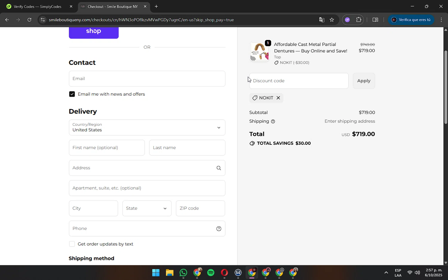 Smile Boutique NY coupon code screenshot showing code NOKIT applied at Smile Boutique NY checkout page. Uploaded by SimplyCodes community member AshlyMichell on Oct 6, 2025