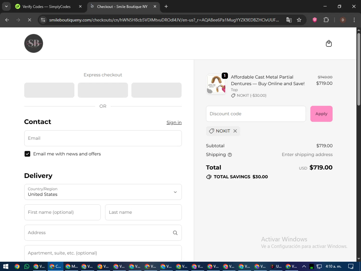Smile Boutique NY coupon code screenshot showing code NOKIT applied at Smile Boutique NY checkout page. Uploaded by SimplyCodes community member liltecca on Nov 14, 2025