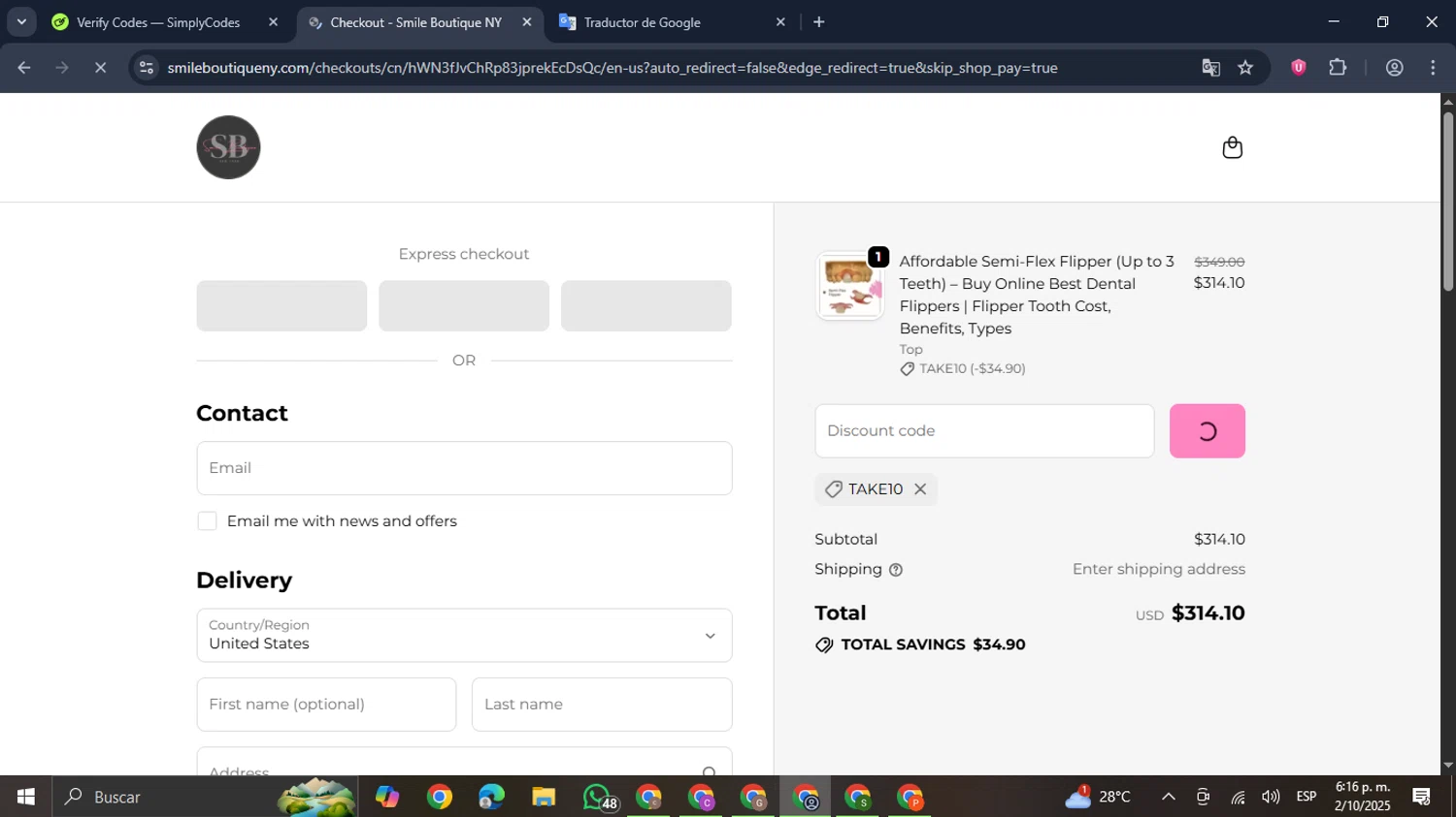 Smile Boutique NY coupon code screenshot showing code TAKE10 applied at Smile Boutique NY checkout page. Uploaded by SimplyCodes community member GloriousDefender7889 on Oct 2, 2025