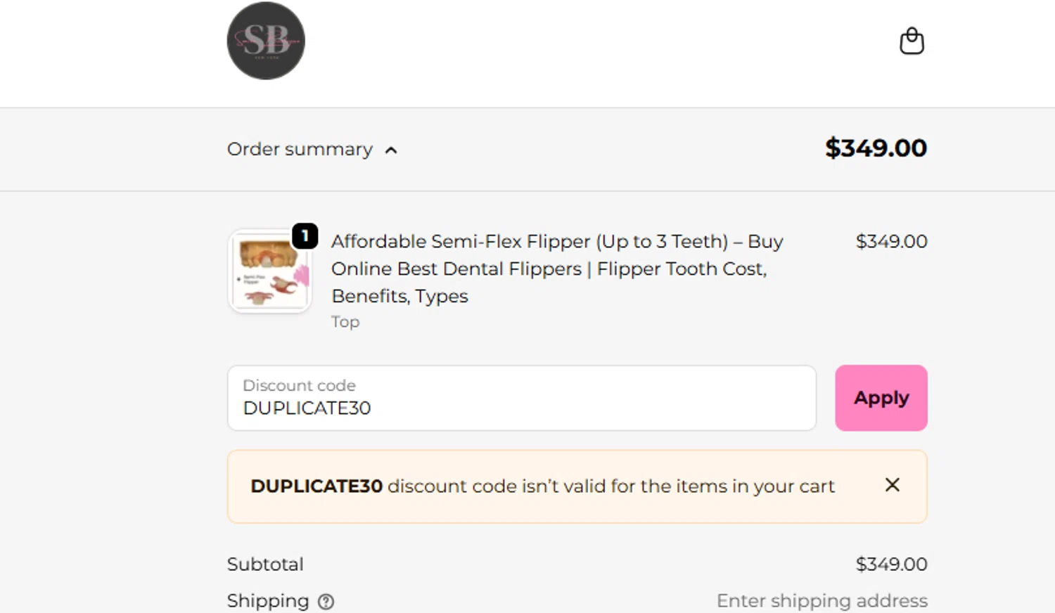 Smile Boutique NY coupon code screenshot showing code DUPLICATE30 applied at Smile Boutique NY checkout page. Uploaded by SimplyCodes community member ashe1986 on Oct 30, 2025