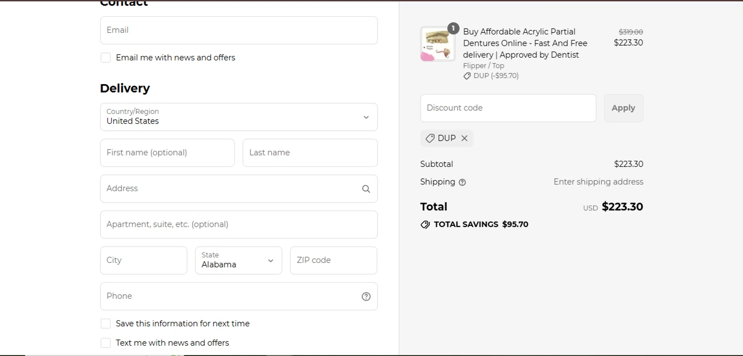 Smile Boutique NY coupon code screenshot showing code DUP applied at Smile Boutique NY checkout page. Uploaded by SimplyCodes community member juanisaac on Jul 4, 2025