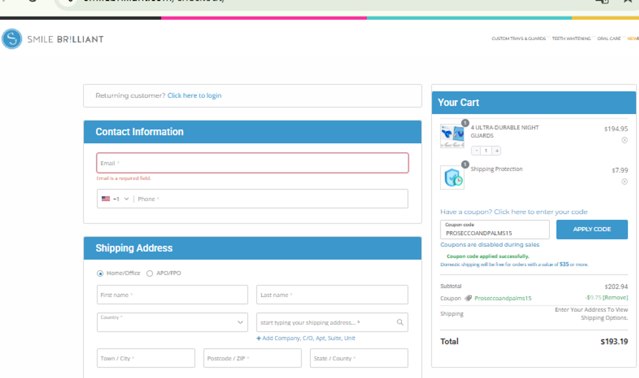 Smile Brilliant checkout page showing Smile Brilliant coupon code box | Screenshot taken by SimplyCodes community member on Aug 25, 2025