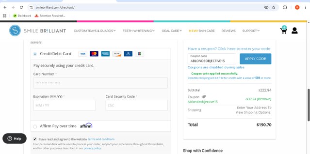 Smile Brilliant checkout page showing Smile Brilliant coupon code box | Screenshot taken by SimplyCodes community member on Aug 18, 2025