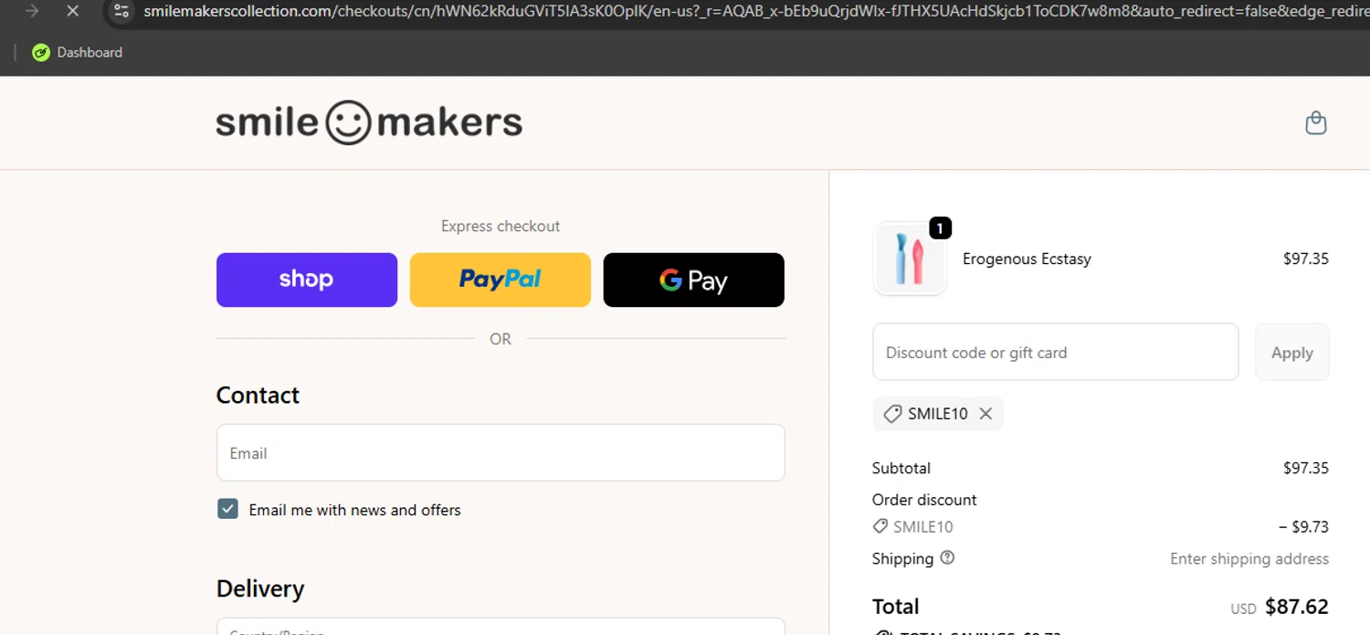 Smile Makers promo code screenshot showing code SMILE10 applied at Smile Makers checkout page. Uploaded by SimplyCodes community member Kony24 on Dec 4, 2025