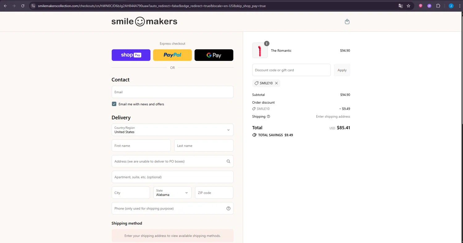 Smile Makers promo code screenshot showing code SMILE10 applied at Smile Makers checkout page. Uploaded by SimplyCodes community member LuckyDefender4135 on Jul 3, 2025