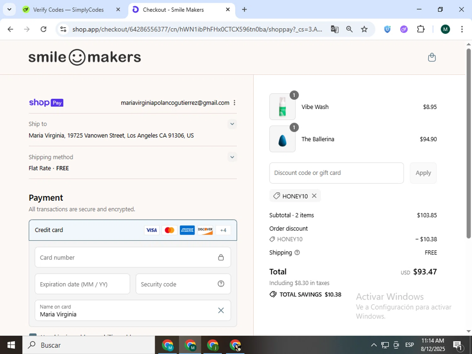 Smile Makers promo code screenshot showing code HONEY10 applied at Smile Makers checkout page. Uploaded by SimplyCodes community member Jorgeluisvera on Aug 12, 2025
