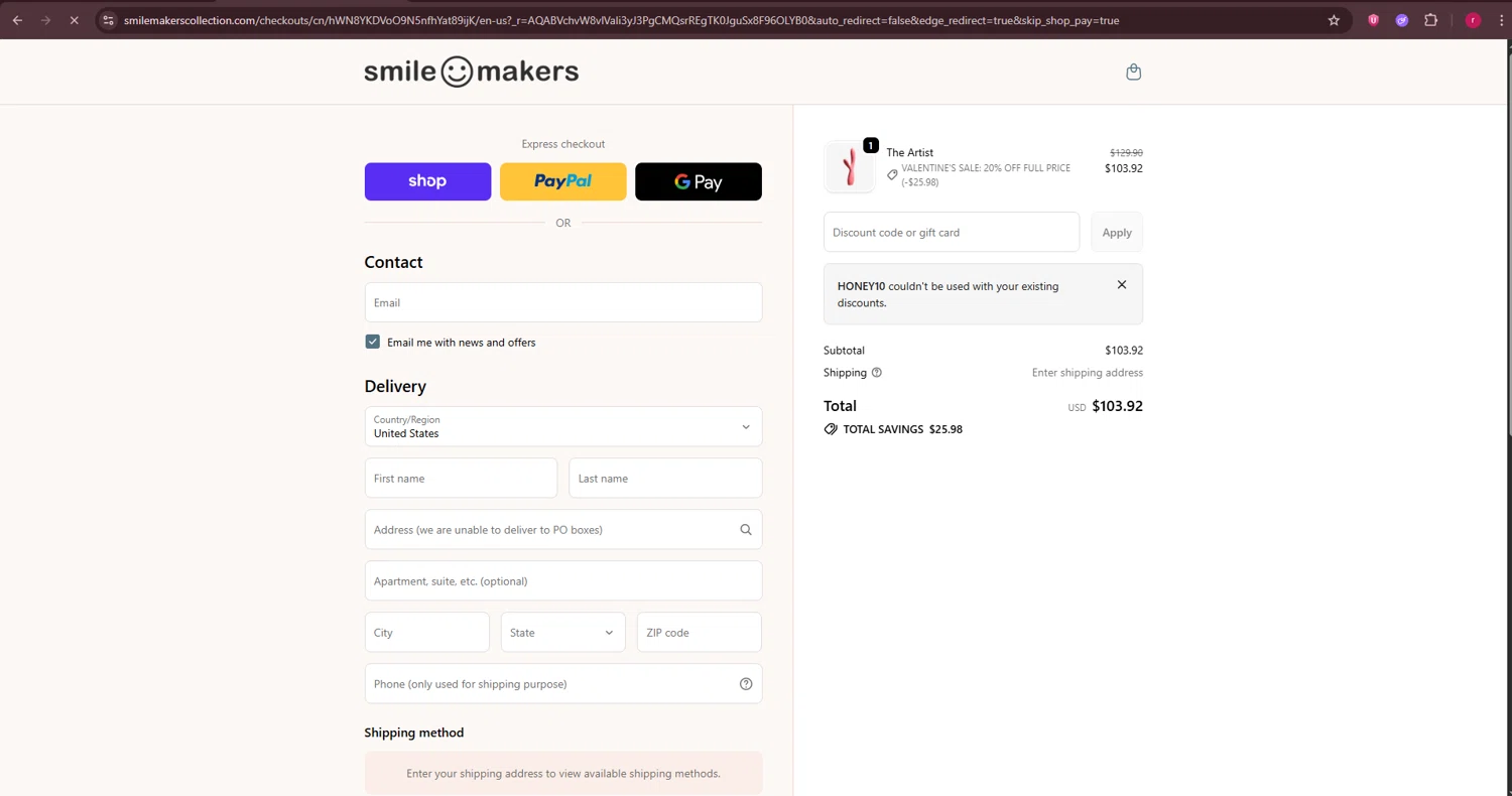 Smile Makers checkout page showing Smile Makers promo code box | Screenshot taken by SimplyCodes community member on Feb 8, 2026