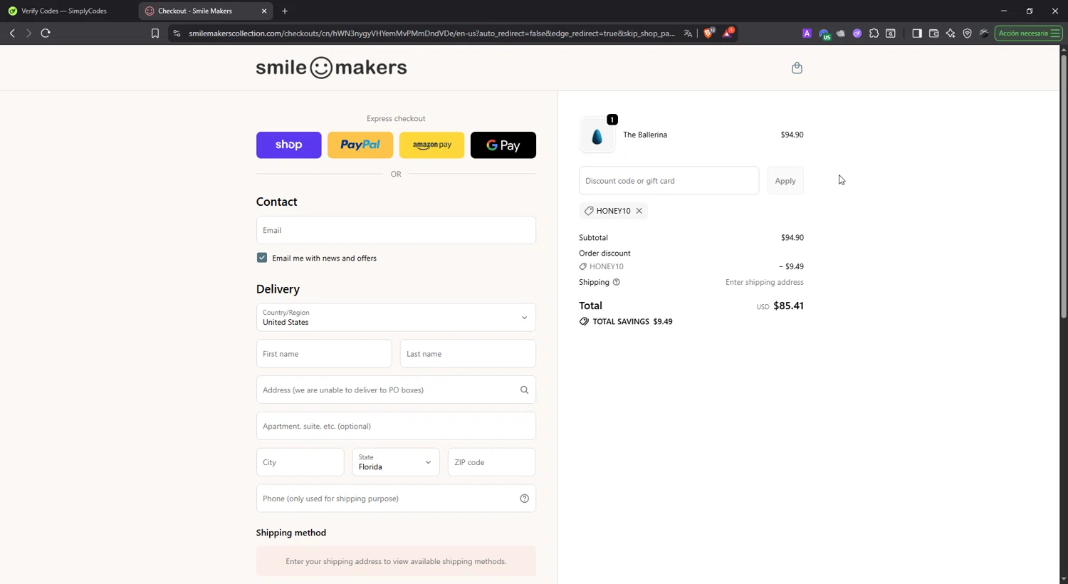 Smile Makers promo code screenshot showing code HONEY10 applied at Smile Makers checkout page. Uploaded by SimplyCodes community member lisethchirino on Oct 6, 2025