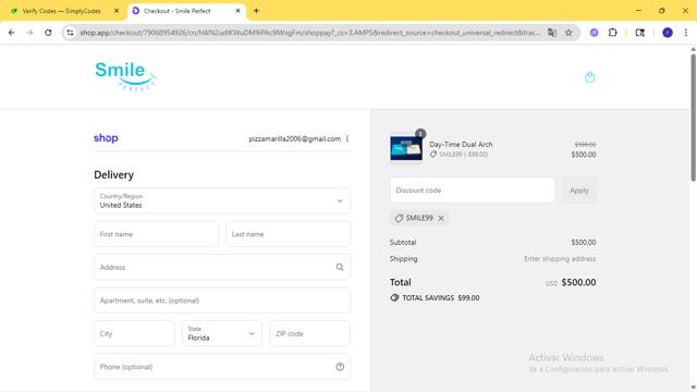 Smile Perfect checkout page showing Smile Perfect discount code box | Screenshot taken by SimplyCodes community member on Sep 13, 2025