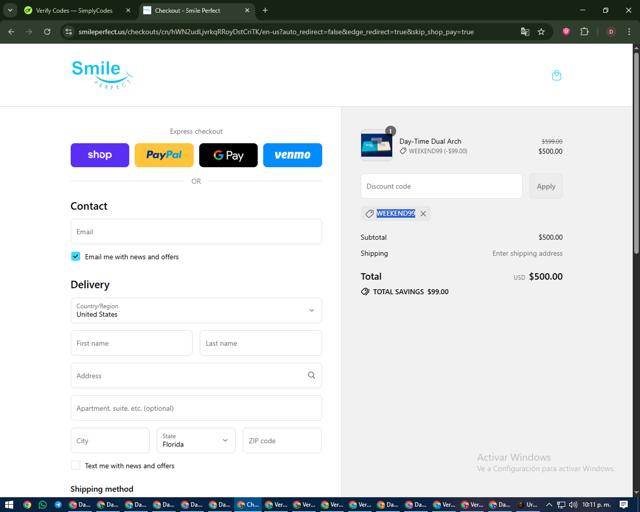 Smile Perfect checkout page showing Smile Perfect discount code box | Screenshot taken by SimplyCodes community member on Sep 13, 2025