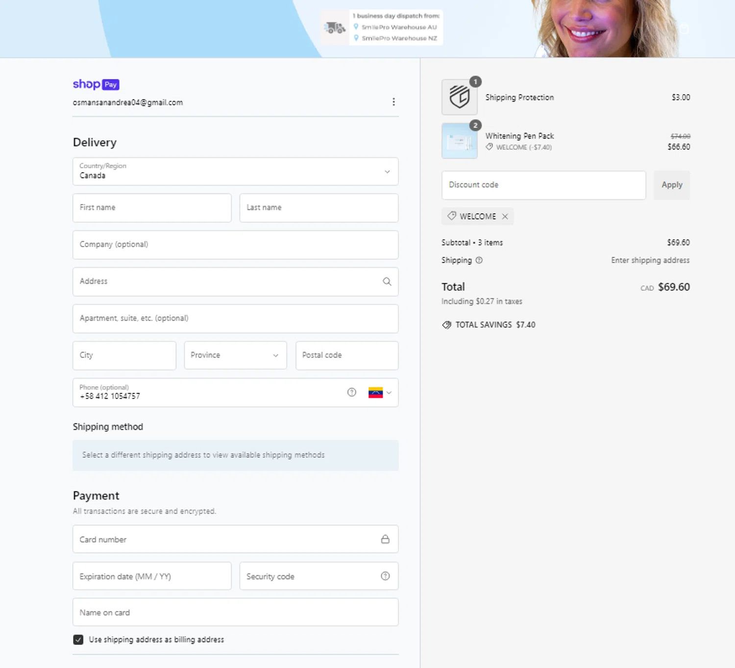 SmilePro Worldwide promo code screenshot showing code WELCOME applied at SmilePro Worldwide checkout page. Uploaded by SimplyCodes community member ElonMusk on Jan 24, 2025