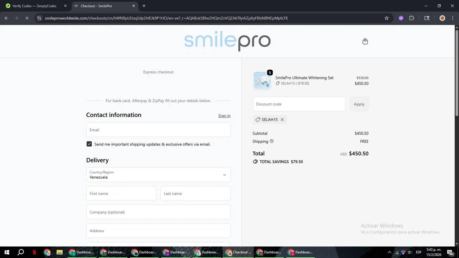 SmilePro Worldwide checkout page showing SmilePro Worldwide promo code box | Screenshot taken by SimplyCodes community member on Feb 15, 2026