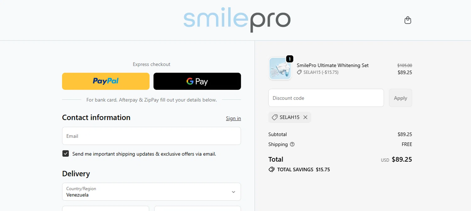 SmilePro Worldwide promo code screenshot showing code SELAH15 applied at SmilePro Worldwide checkout page. Uploaded by SimplyCodes community member armalissolorzano1 on Jan 28, 2026