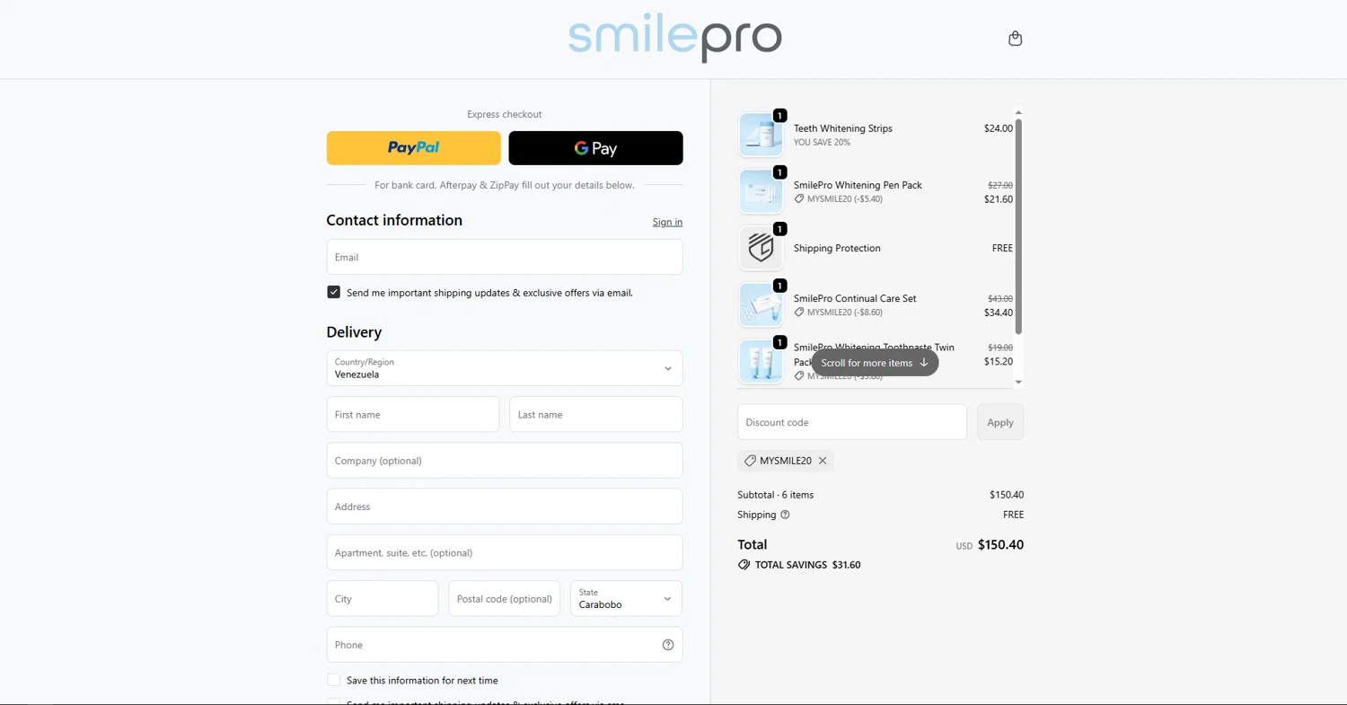 SmilePro Worldwide promo code screenshot showing code MYSMILE20 applied at SmilePro Worldwide checkout page. Uploaded by SimplyCodes community member vctr7w7x on Oct 2, 2025