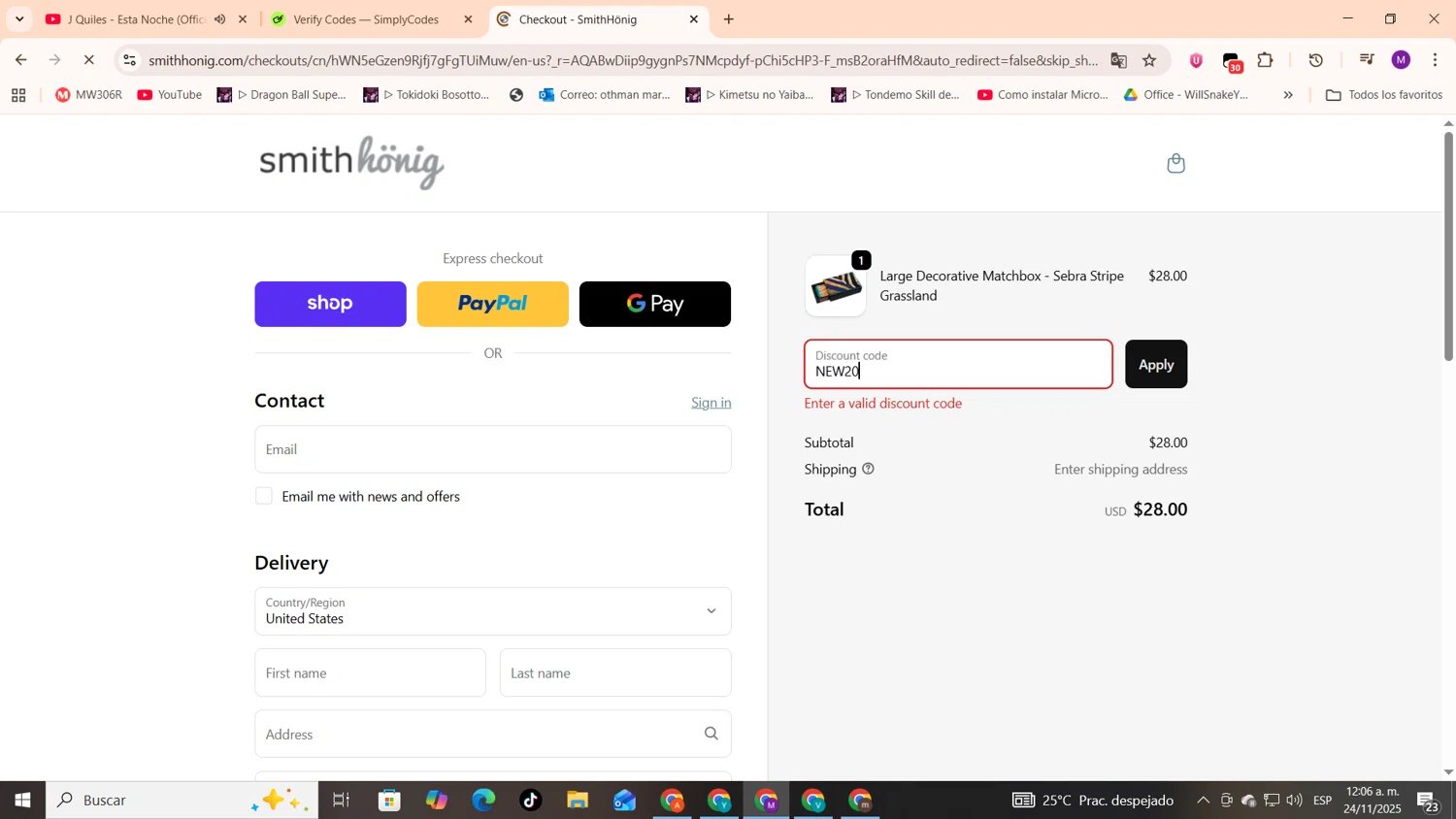 SmithHonig promo code screenshot showing code NEW20 applied at SmithHonig checkout page. Uploaded by SimplyCodes community member cod_gakpo on Nov 24, 2025
