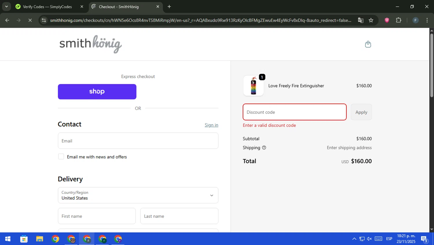 SmithHonig promo code screenshot showing code NEW20 applied at SmithHonig checkout page. Uploaded by SimplyCodes community member pajarito on Nov 24, 2025