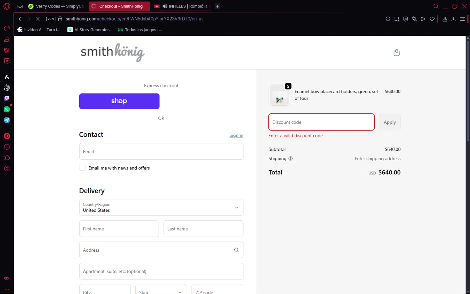 SmithHonig promo code screenshot showing code NEW10 applied at SmithHonig checkout page. Uploaded by SimplyCodes community member SavvyWizard7346 on Nov 24, 2025