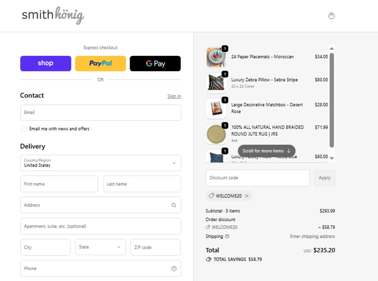 SmithHonig promo code screenshot showing code WELCOME20 applied at SmithHonig checkout page. Uploaded by SimplyCodes community member SwiftShopper8601 on Oct 26, 2025