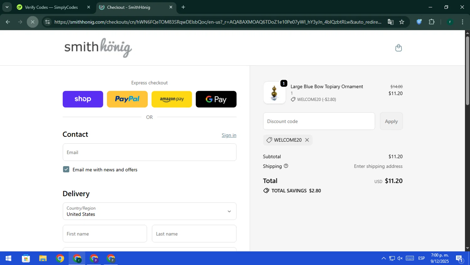 SmithHonig promo code screenshot showing code WELCOME20 applied at SmithHonig checkout page. Uploaded by SimplyCodes community member rodri1 on Dec 9, 2025