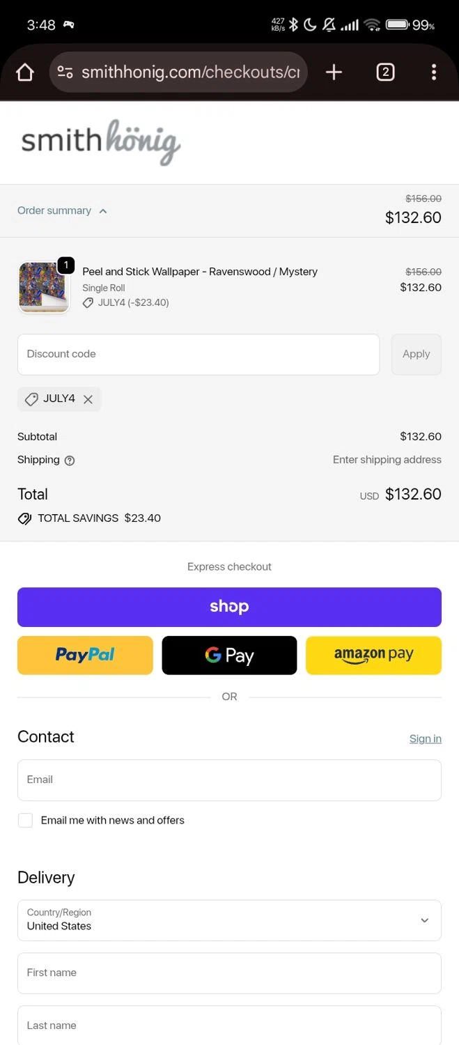 SmithHonig promo code screenshot showing code july4 applied at SmithHonig checkout page. Uploaded by SimplyCodes community member Jutdcv on Nov 8, 2025