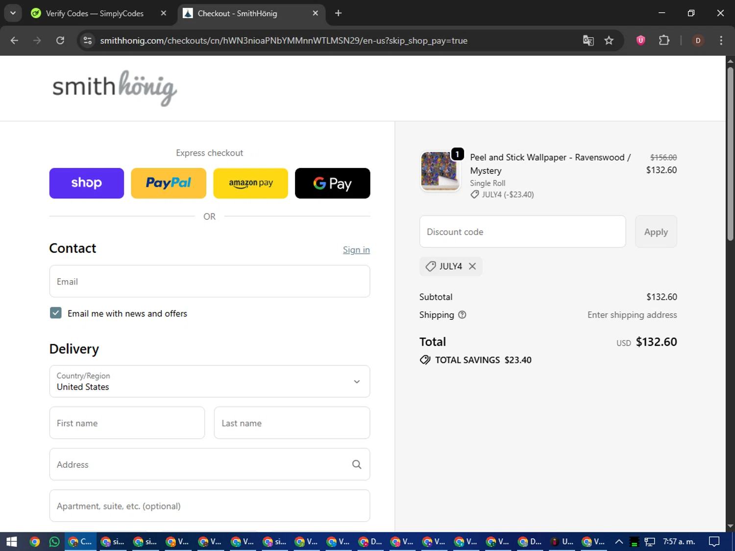 SmithHonig promo code screenshot showing code july4 applied at SmithHonig checkout page. Uploaded by SimplyCodes community member liltecca on Oct 6, 2025