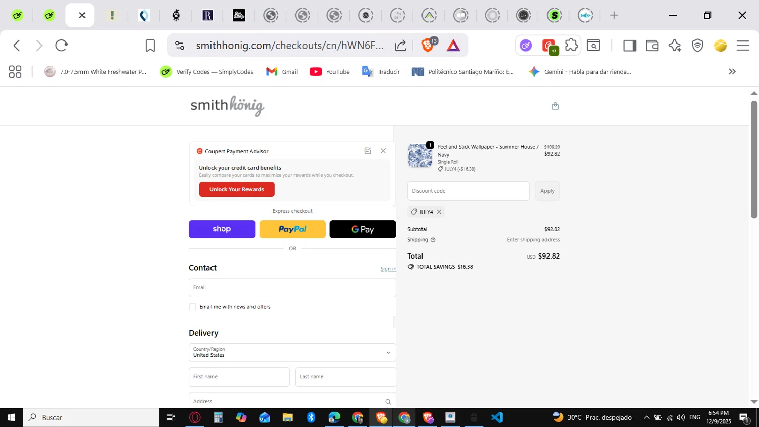 SmithHonig promo code screenshot showing code july4 applied at SmithHonig checkout page. Uploaded by SimplyCodes community member conorgrey on Dec 9, 2025