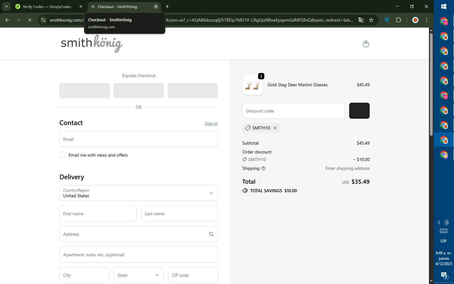 SmithHonig promo code screenshot showing code SMITH10 applied at SmithHonig checkout page. Uploaded by SimplyCodes community member DealTiger9869 on Dec 4, 2025