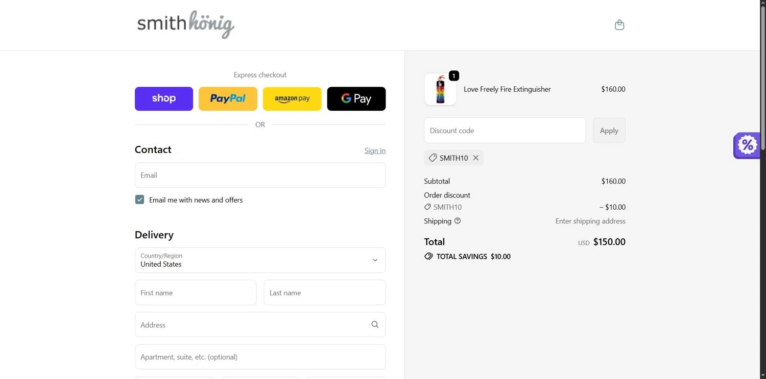 SmithHonig promo code screenshot showing code SMITH10 applied at SmithHonig checkout page. Uploaded by SimplyCodes community member Depressive on Nov 24, 2025