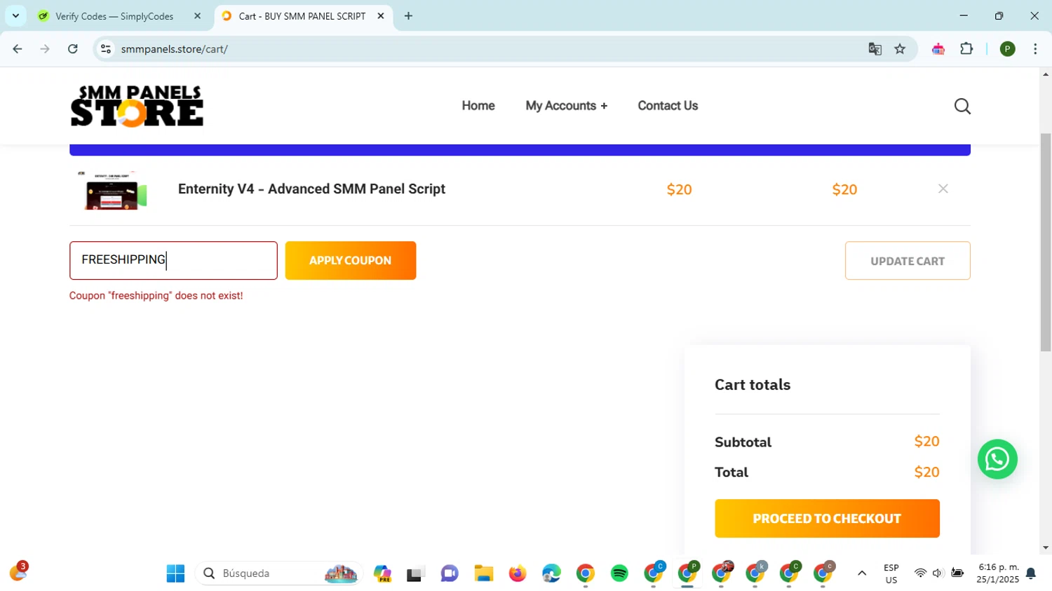 BUY SMM PANEL SCRIPT promo code screenshot showing code FREESHIPPING applied at BUY SMM PANEL SCRIPT checkout page. Uploaded by SimplyCodes community member ThriftySpotter5396 on Jan 25, 2025