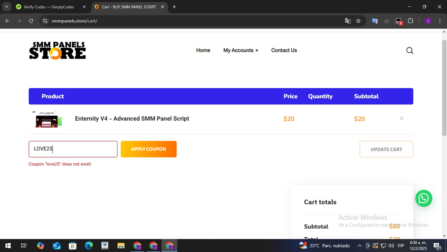 BUY SMM PANEL SCRIPT promo code screenshot showing code LOVE25 applied at BUY SMM PANEL SCRIPT checkout page. Uploaded by SimplyCodes community member Batman on Feb 12, 2025