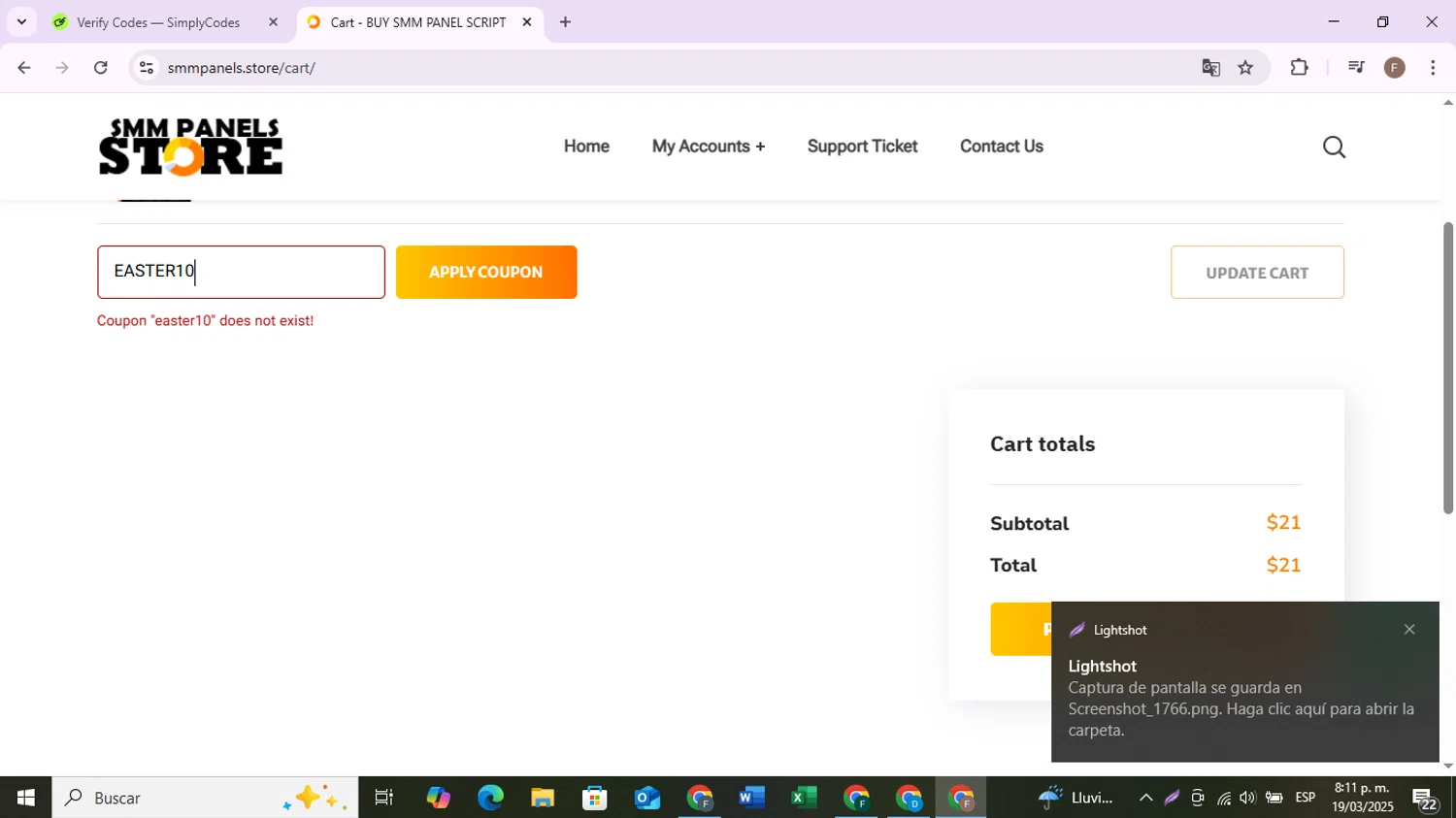 BUY SMM PANEL SCRIPT promo code screenshot showing code EASTER10 applied at BUY SMM PANEL SCRIPT checkout page. Uploaded by SimplyCodes community member RoyalVoyager7229 on Mar 20, 2025