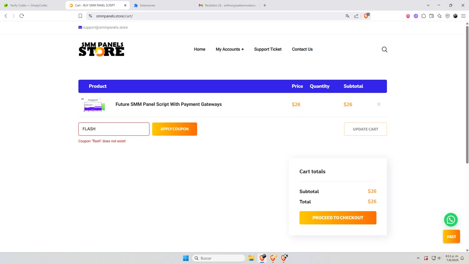 BUY SMM PANEL SCRIPT promo code screenshot showing code FLASH applied at BUY SMM PANEL SCRIPT checkout page. Uploaded by SimplyCodes community member AnthonyGTX on Jun 7, 2025