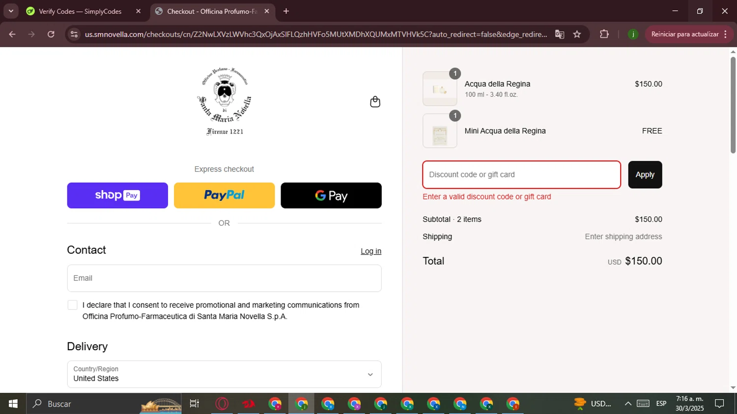 Santa Maria Novella USA promo code screenshot showing code NLWELCOME24 applied at Santa Maria Novella USA checkout page. Uploaded by SimplyCodes community member Ferrari on Mar 30, 2025