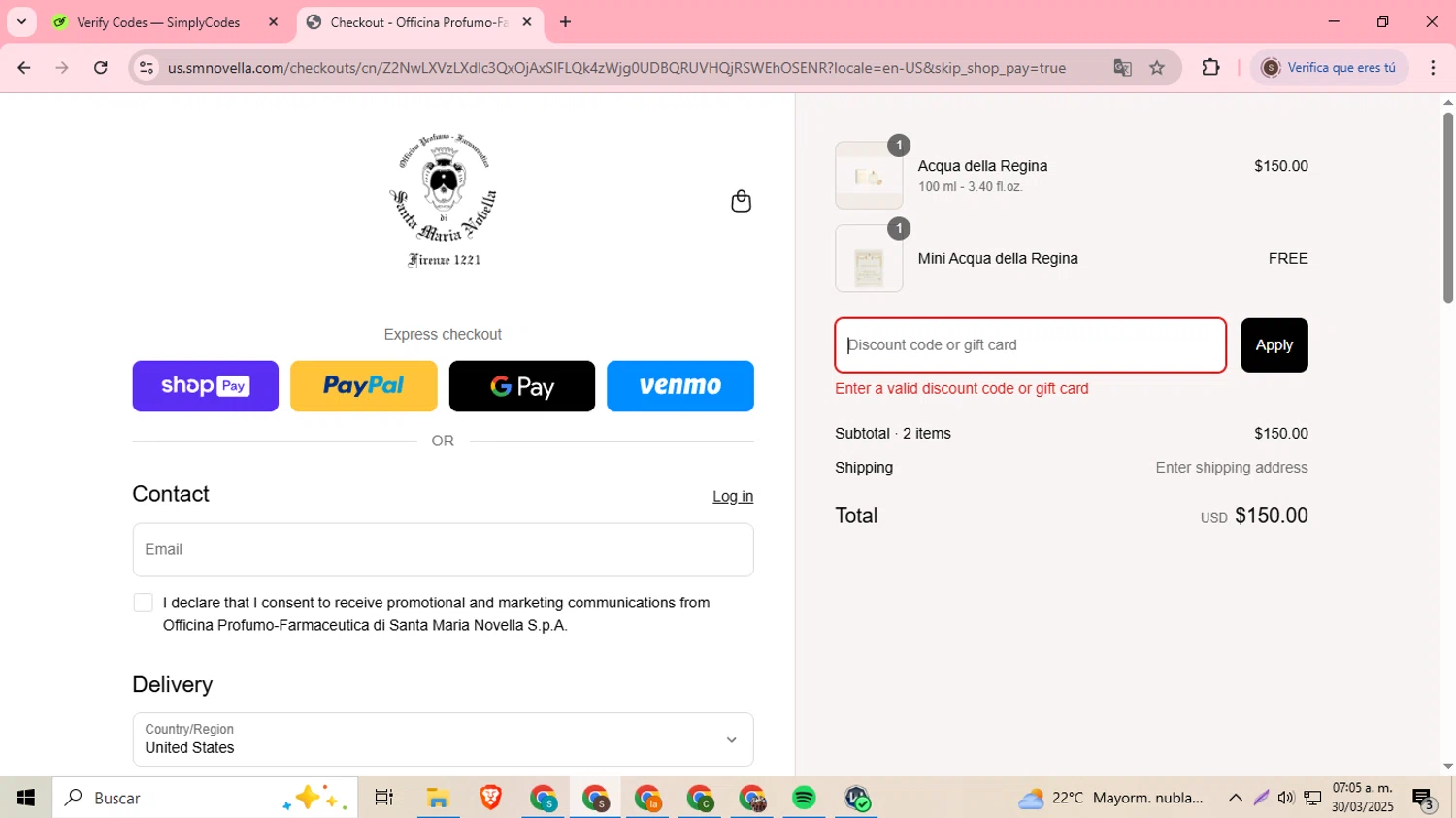 Santa Maria Novella USA promo code screenshot showing code NLWELCOME24 applied at Santa Maria Novella USA checkout page. Uploaded by SimplyCodes community member DiscountDefender1226 on Mar 30, 2025