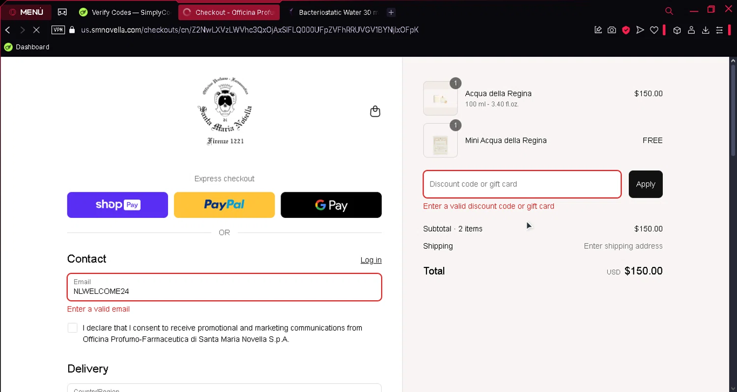 Santa Maria Novella USA promo code screenshot showing code NLWELCOME24 applied at Santa Maria Novella USA checkout page. Uploaded by SimplyCodes community member gundogan on Mar 30, 2025